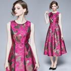 Floral Jacquard Sleeveless Midi A-line Dress