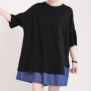 Elbow-sleeve Slitted T-shirt Black - One Size