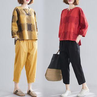 Set : Plaid Cropped Sleeve Top + Plain Cropped Pants