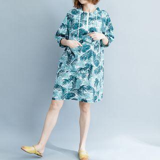 Elbow-sleeve Leaf Print Hoodie Dress As Shown In Figure - One Size