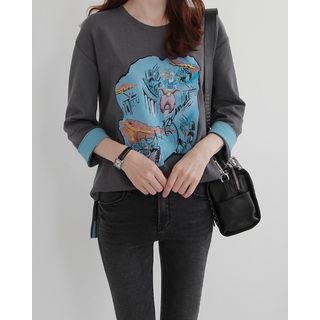 Cuffed 3/4-sleeve Illustration T-shirt