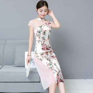 Floral Print Panel Mesh Short Sleeve Qipao