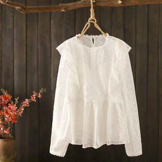 Set: Lace Ruffle Trim Long-sleeve Blouse + Plain Tank Top White - One Size