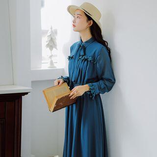 Long-sleeve Lace-trim Midi A-line Shirtdress