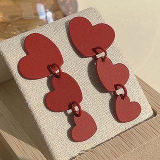 Heart Dangle Earring 1 Pair - Silver Needle Earring - Red - One Size