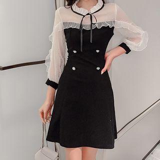 3/4-sleeve Mesh-panel Mini A-line Dress
