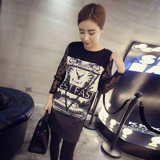 Lace Panel Printed Long-sleeve T-shirt
