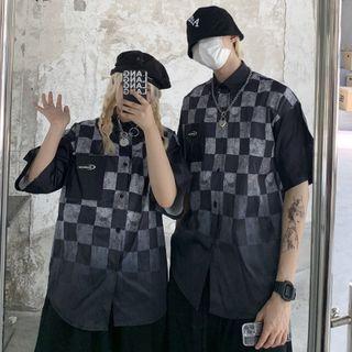 Short-sleeve Plaid Gradient Shirt