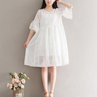 Set: Embroidered 3/4-sleeve Dress + Spaghetti Strap Dress