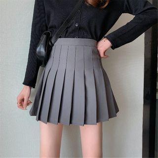 Plain High-waist Pleated Mini A-line Skirt