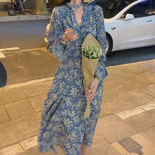 Puff-sleeve Floral Print Twisted Midi A-line Dress