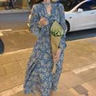 Puff-sleeve Floral Print Twisted Midi A-line Dress