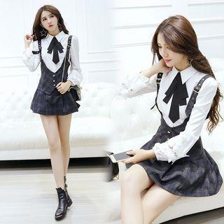 Crochet Lace Panel Blouse / Plaid Mini Suspender Skirt