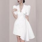 Puff-sleeve Asymmetrical Mini A-line Dress