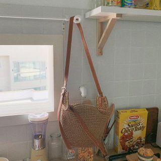 Pleather-strap Woven Hobo Bag