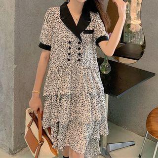 Short-sleeve Floral Print Tiered High-low Dress