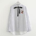 Long-sleeve Milk Carton Embroidered Tie-neck Striped Blouse As Shown In Figure - One Size