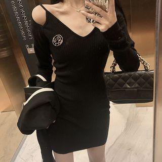 Long-sleeve Cold-shoulder Mini Knit Dress Black - One Size