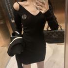 Long-sleeve Cold-shoulder Mini Knit Dress Black - One Size
