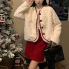 Fleece Contrast Trim Jacket / Mini A-line Skirt