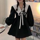 Long-sleeve Collar Two-tone Mini A-line Dress