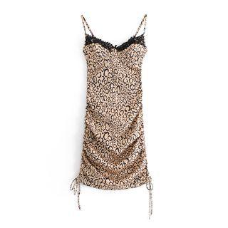 Spaghetti Strap Leopard Print Drawstring A-line Dress