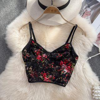 Floral Embroidered Crop Camisole Top Black - One Size