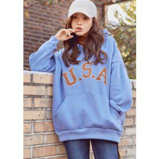 Lettering Kangaroo-pocket Brushed-fleece Lined Hoodie