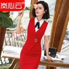 V-neck Vest / Mini Pencil Skirt / Short-sleeve Shirt / Bow Tie / Set