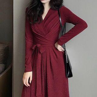 Plain V-neck Long-sleeve Slim-fit Dress As Figure - One Size
