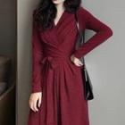 Plain V-neck Long-sleeve Slim-fit Dress As Figure - One Size