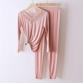 Set: V-neck Lace Trim T-shirt + Leggings