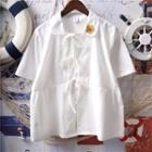 Short-sleeve Flower Embroidered Bow Shirt