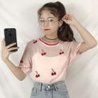 Cherry Embroidered Short-sleeve Knit Top