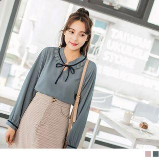 Frilled Trim Stand Collar Lace-up Top