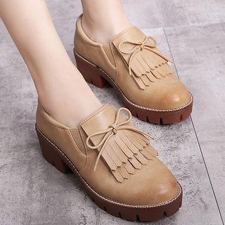 Bow Fringed Block Heel Leather Loafers
