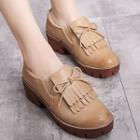 Bow Fringed Block Heel Leather Loafers