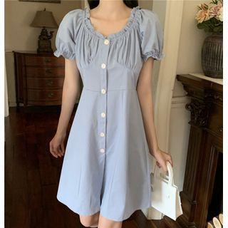 Round Neck Ruffle Flare Short Sleeve High Waist A-line Dress Light Blue - One Size