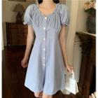 Round Neck Ruffle Flare Short Sleeve High Waist A-line Dress Light Blue - One Size