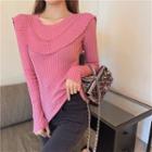 Long-sleeve Ruffled-trim Knit Sweater Rose Pink - One Size
