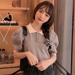 Contrast Trim Puff-sleeve Polo Shirt