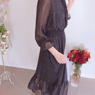 Tie-neck Frilled Floral Maxi Chiffon Dress Navy Blue - One Size