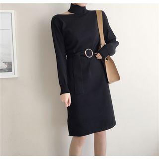 High-neck Cutout Knit Dress With Belt