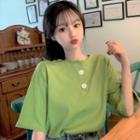 Loose-fit Short Sleeve Plain Button-up T-shirt