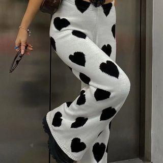 Heart Print Wide Leg Pants White - One Size