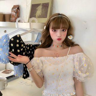 Balloon-sleeve Floral Print Mesh Blouse
