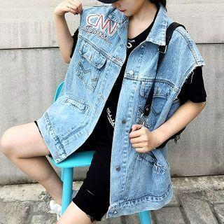 Lettering Embroidered Denim Vest Blue - One Size