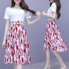 Set: Short-sleeve Off-shoulder Top + A-line Midi Skirt