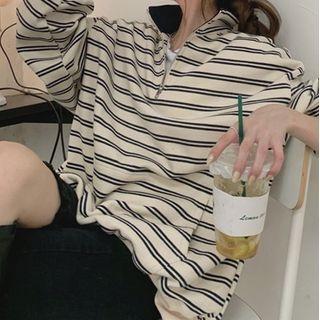 Striped Half-zip Sweatshirt Stripe - Black & White - One Size