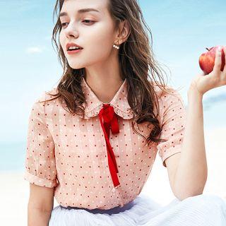 Short-sleeve Polka Dot Frill Trim Shirt